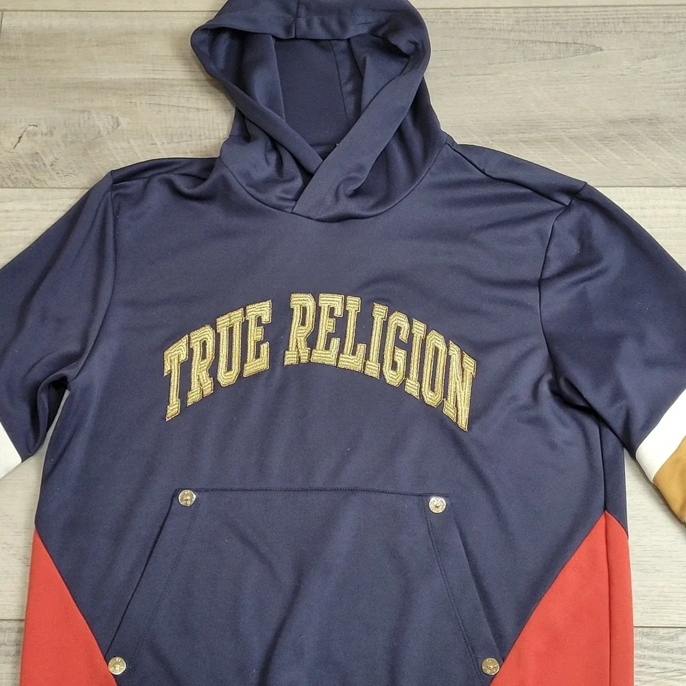 🧡Vintage True Religion Hoodie Unisex L Color Block Embroidered Sweatshirt Y2K